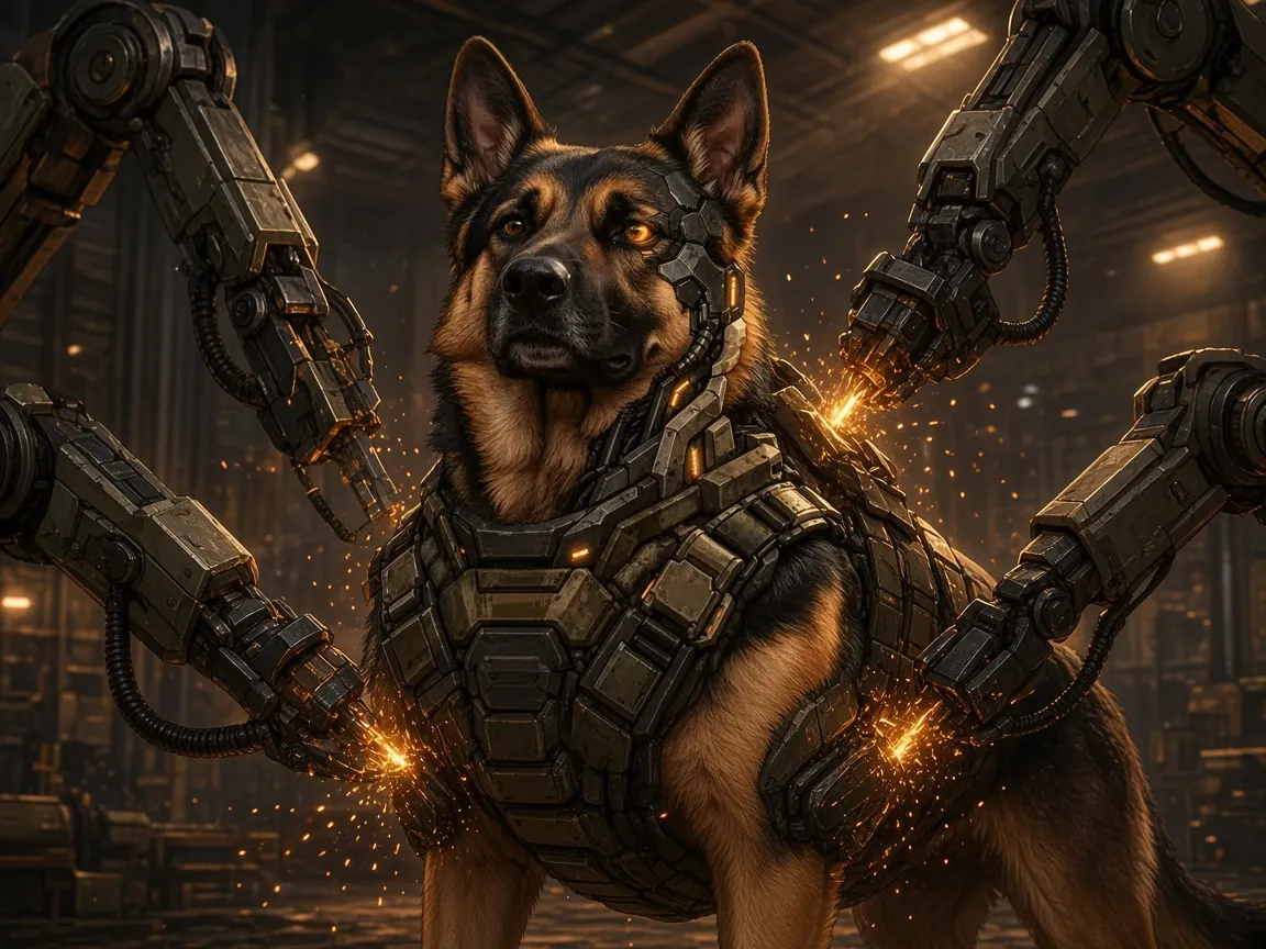 Robotic arms attaching dark armor plates to the WarHound shepherd amid sparks