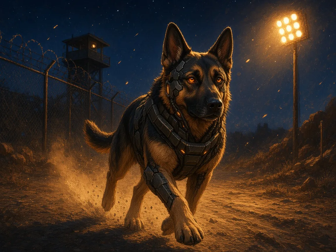 WarHound on night perimeter patrol beside a fence, watchtower and floodlight
